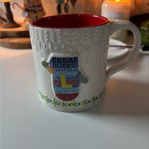 Anthropologie Festive White and Red Mug with Mitten Design